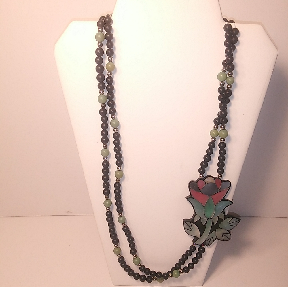 Vintage Stained Glass Beaded Flower Necklace